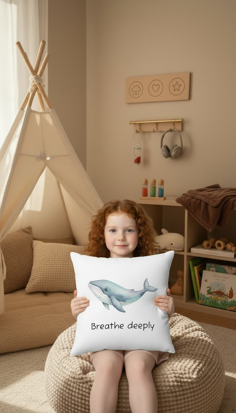 A girl in a calm down corner with a tipi, holding "Breathe Deeply" Whale calm down corner pillow