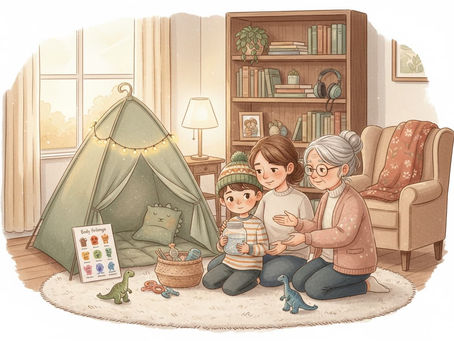 A child and family learning to use a calm corner