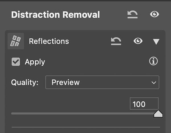 Settings interface for "Distraction Removal," showing options for reflections, quality at "Preview," and an "Apply" checkbox ticked.
