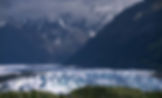 Snowy glacier beneath towering mountains shrouded in clouds. Foreground features green trees, creating a serene, majestic scene. Aljaska. Matjaž Intihar.
