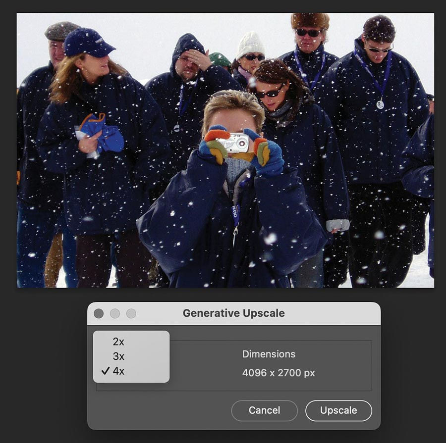 People in winter clothing stand in snow, one in front takes a photo. Pop-up shows Generative Upscale options: 2x, 3x, 4x (selected).