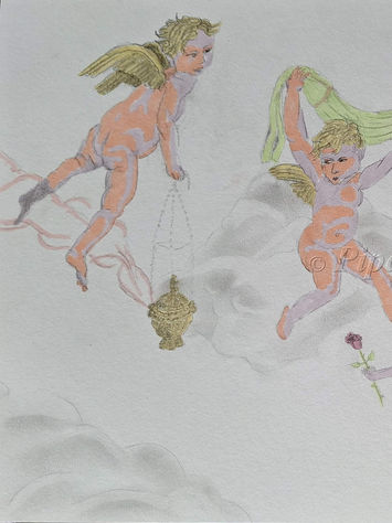 Zeichnung mit drei Engeln. Das sind Cherubim. Einer trägt Weihrauch, der andere einen Stoff und der letzte eine Rose. Diese klassische und sanfte Zeichnung wurde vom Künstler Pipaul entworfen.