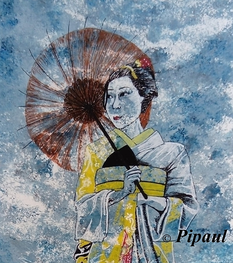 Dessin d'une geisha portant une ombrelle et un kimono jaune. Le ciel est peint en peinture bleue.