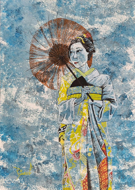 Drawing of a geisha wearing an umbrella. She is dressed in a yellow and red kimono with multiple patterns. The geisha drawn by the artist Pipaul, looks far into the horizon with gentleness.