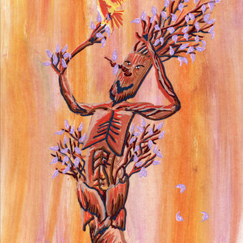 Drawing of a dryad saying goodbye to a bird that had landed on her. A dryad is a mythical creature; this one is depicted here as a tree with human features, whose roots are firmly anchored in the ground. The tree’s branches resemble those of a cherry tree. The little yellow bird takes flight; it had been nesting in the dryad’s foliage. The background is abstract, depicting a fiery sky. This drawing was created by the artist Pipaul. It is titled “See you soon!”