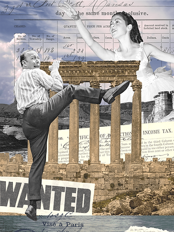 Whimsical collage of a man climbing onto Greek ruins with a ballerina dancing in the background