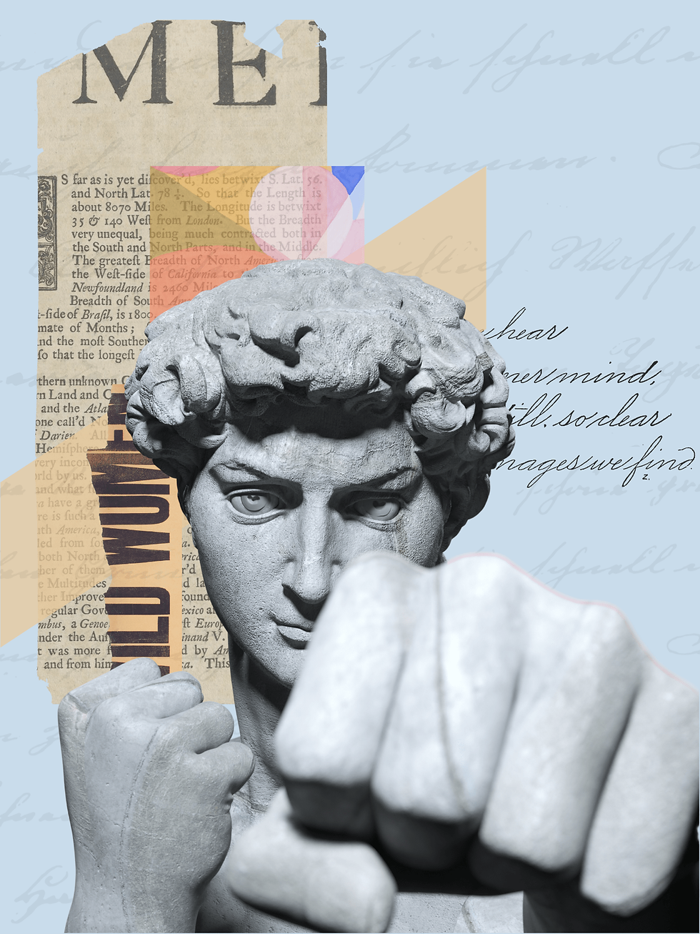 Whimsical collage of the 'David' sculpture throwing a punch in front of a light purple newspaper background