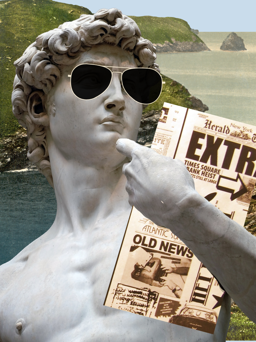 A whimsical collage of a Greek sculpture wearing sunglasses and holding a newspaper