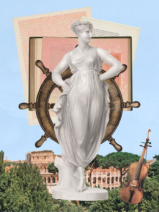 A whimsical collage of a Roman statue in front of papers and a sailboat steering wheel.