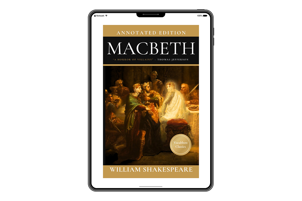 Ebook cover of 'Macbeth' showing a dinner with a ghost