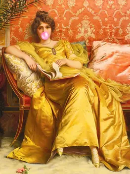 An altered oil painting showing a fancy woman blowing a bubble with gum