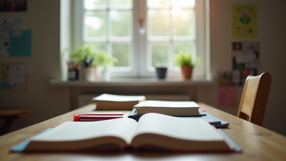 Eye-level view of a child's study desk with open books and stationery