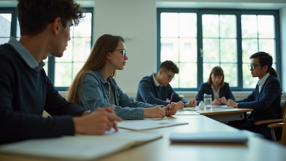 Eye-level view of a classroom with students engaged in group learning activities