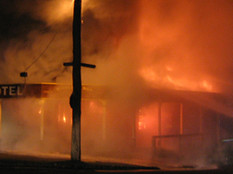 The Cosmopolitan Hotel on the night of the 2005 fire.