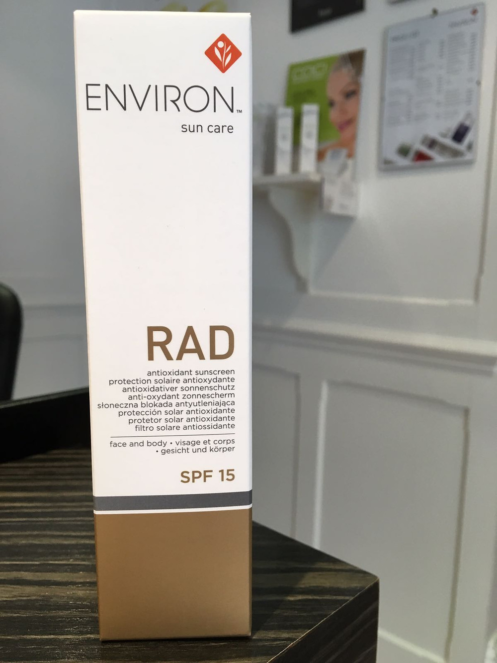 A retail package of our Environ RAD sun care available at Annas Touch of Beauty Salon, Northwood.