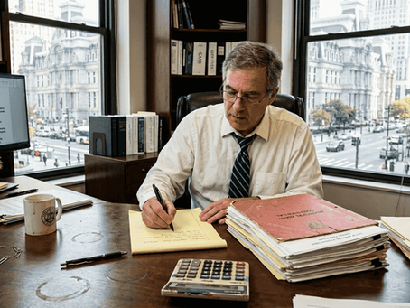 Auditor examining financial records in office