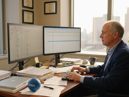 Auditor reviewing cybersecurity checklist at desk