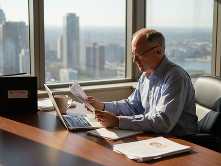 Auditor reviewing SOX compliance documents in office