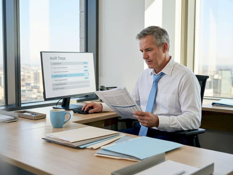 Auditor reviewing financial report and digital checklist