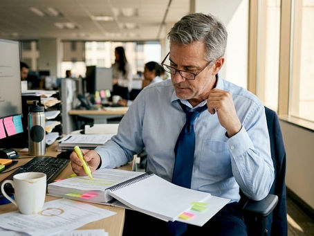 Auditor reviews ethical principles at office desk