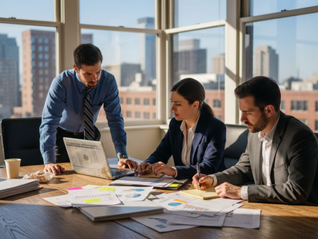 Auditors reviewing company reports in boardroom