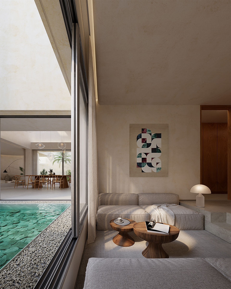 Architectural visualisation from the majlis of a contemporary Emirati residence by TMD Studio. The perspective looks across a calm water courtyard with pebbled base and circular stone discs, reflecting soft daylight into the space. In the foreground, a low neutral-toned sofa and timber tables create an intimate seating area. The view extends toward the double-height dining space and garden beyond, illustrating the cultural role of the majlis as a threshold between hospitality, contemplation, and outdoor living.