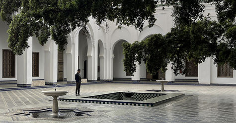 Interior courtyard of Museum Dar Batha in Fez, Morocco — a serene, symmetrical space with arched colonnades, traditional zellige tile flooring, central water features, and mature tree canopies casting patterned shadows across the geometry.