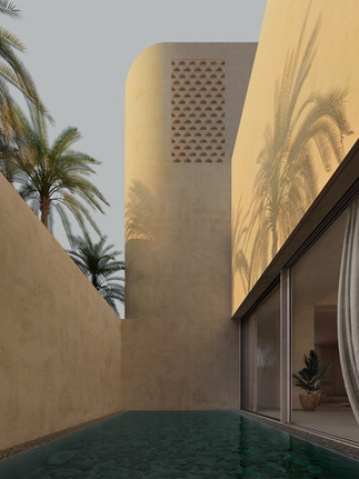 Architectural visualisation of a water courtyard in a contemporary Emirati residence by TMD Studio. A reflective pool runs along the boundary wall, its surface catching the warm desert light. Tall sand-toned walls create enclosure and privacy, while palm trees rise above, their shadows cast across the façade. A curved tower punctuated with patterned mashrabiya openings anchors the composition, combining ventilation with cultural reference. Sliding glass doors reveal the soft interior beyond, with curtains drawn to filter light. The design captures the balance between protection, intimacy, and openness to climate.