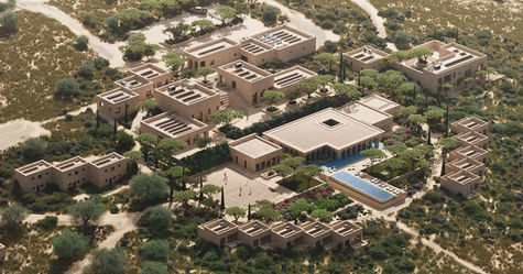 Aerial visualisation of Zellige Horizon, TMD Studio’s award-winning architectural concept for the Morocco Oasis Retreat. The image captures the full radial masterplan integrated into the semi-arid landscape above Barrage Idriss Ier, with a layered composition of hospitality, wellness and residential structures, terraced topography, passive design strategies and local materials rooted in Moroccan vernacular architecture.