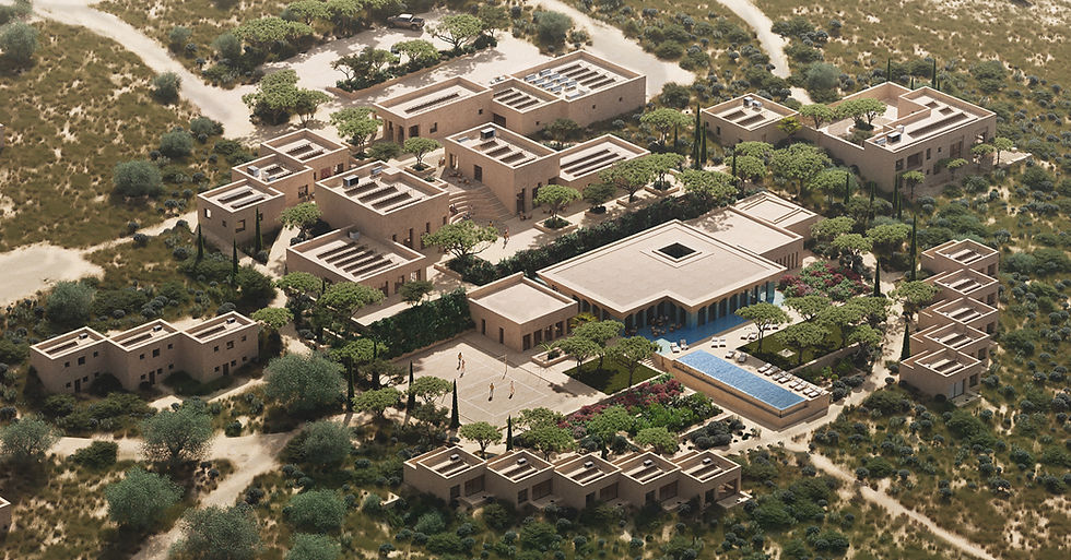 Aerial visualisation of Zellige Horizon, TMD Studio’s award-winning architectural concept for the Morocco Oasis Retreat. The image captures the full radial masterplan integrated into the semi-arid landscape above Barrage Idriss Ier, with a layered composition of hospitality, wellness and residential structures, terraced topography, passive design strategies and local materials rooted in Moroccan vernacular architecture.