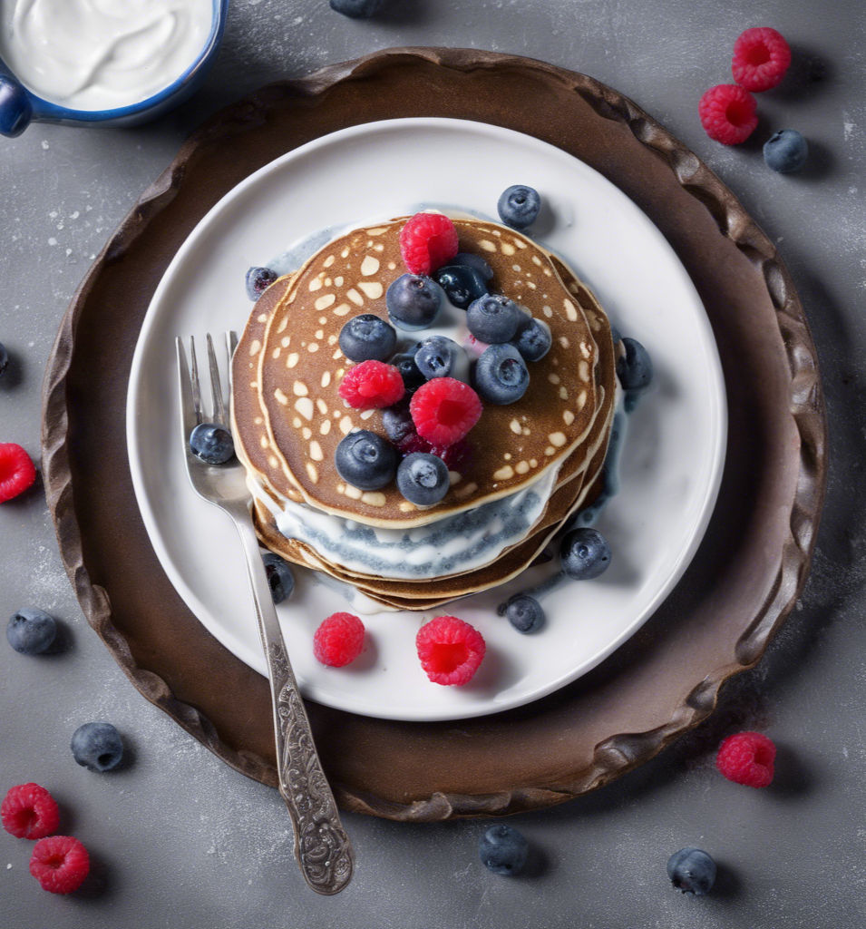 A pile of green buckwheat pancakes with berries and yogurt. It's a delicious and healthy breakfast.