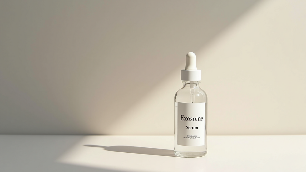 Close-up view of a clear bottle of exosome serum on a simple, neutral background