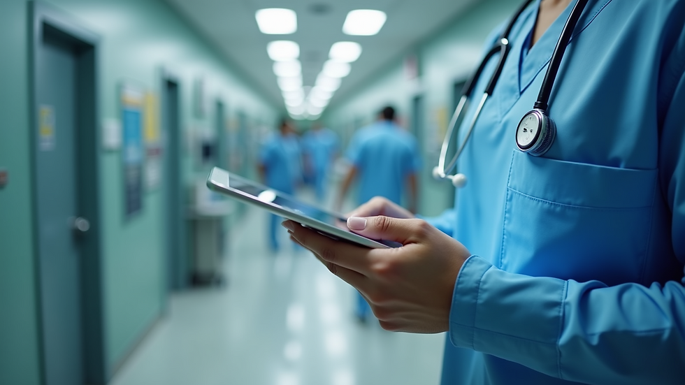 Close-up view of a healthcare professional using a tablet with AI software in a clinic