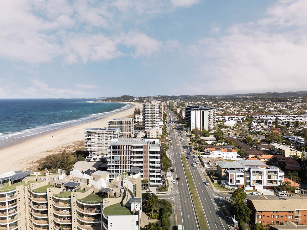 Aerial view of the Gold Coast beachfront with ocean, sand, and skyline – drone photography by Motif Studio