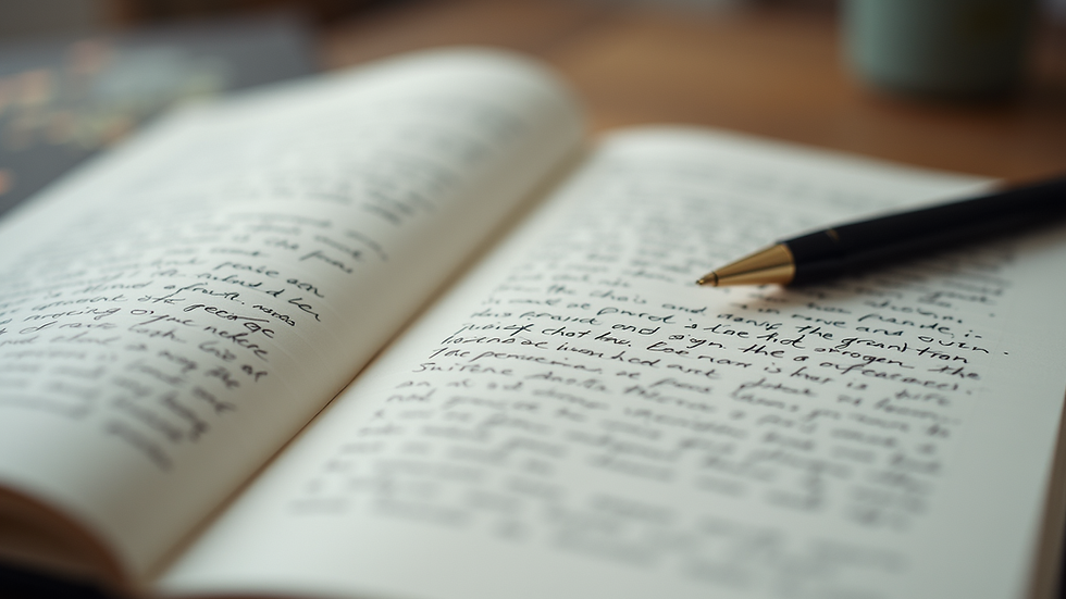 Close-up view of an open journal with handwritten notes and a pen