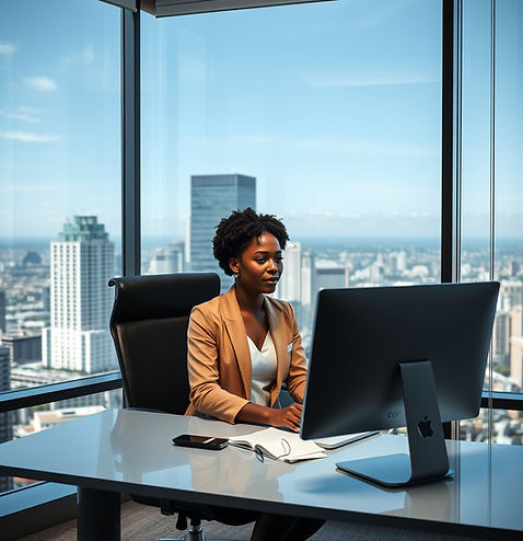 black woman sitting in a high-rise corpo