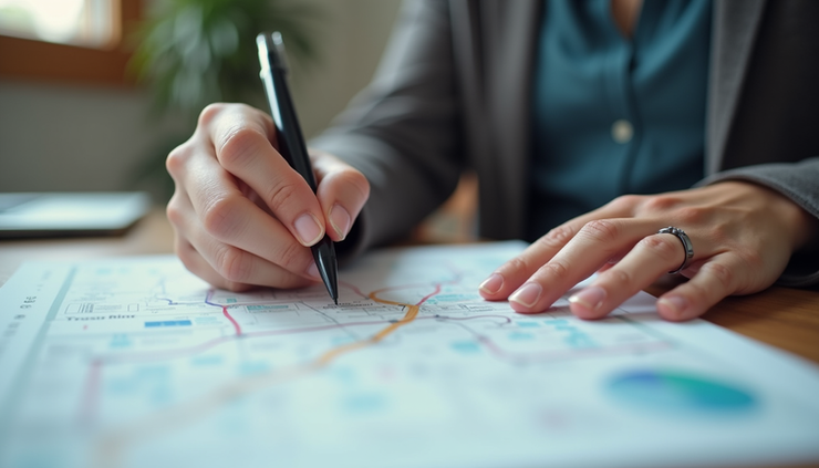 Eye-level view of a person writing notes on a Reinvention Roadmap during a coaching session