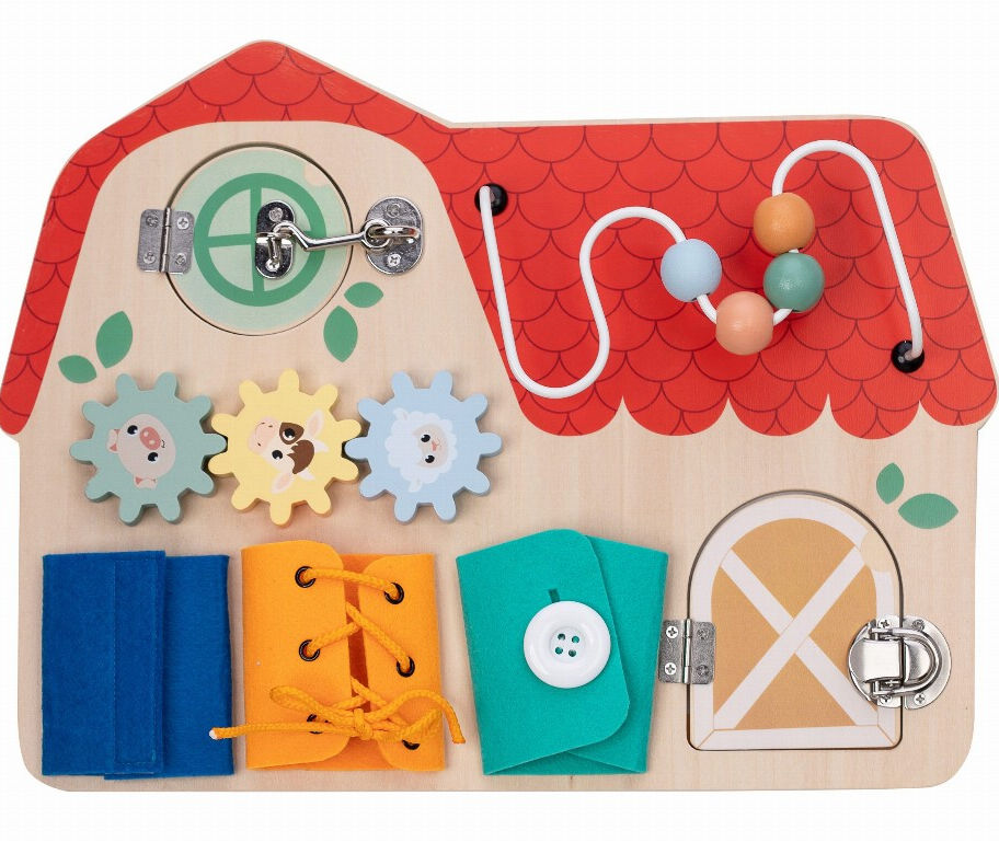 FreeOn Free2Play Aktivitätstafel aus Holz mit Zahnrädern, Türen und Schnürsenkeln