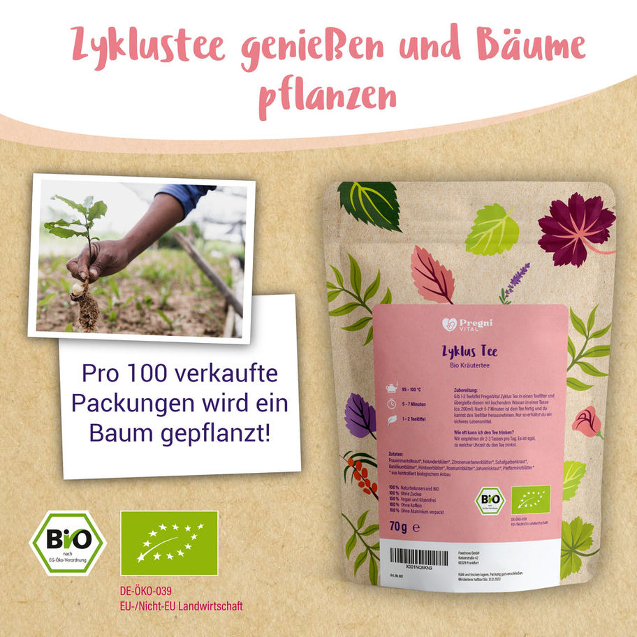 Nachhaltigkeit PregniVital Zyklustee – pro 100 verkaufte Packungen wird ein Baum gepflanzt
