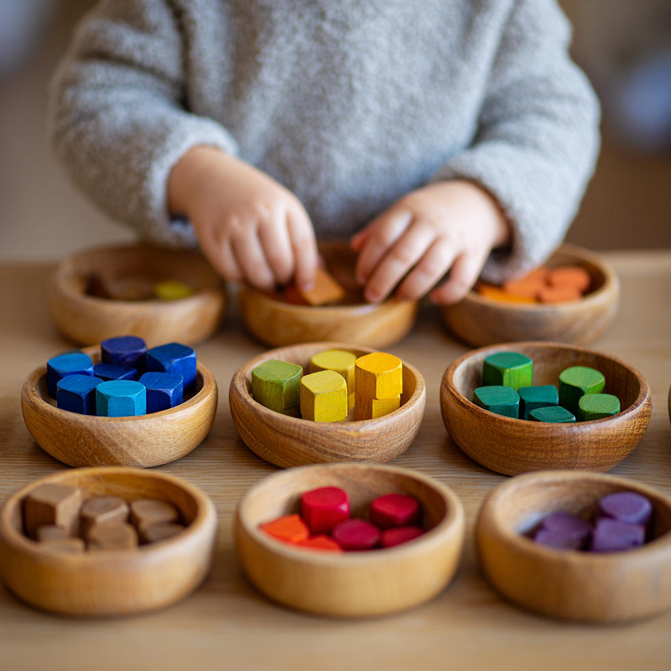 Kleinkind sortiert farbige Holzformen in kleine Holzschalen; Fokus auf den Händen und den natürlich gefertigten Montessori-Materialien.
