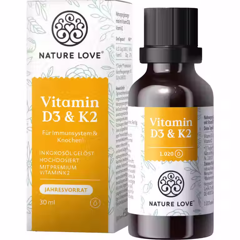 Nature Love Vitamin D3 & K2 – hochdosierte Tropfen in Kokosöl, vegetarisch ohne Zusatzstoffe