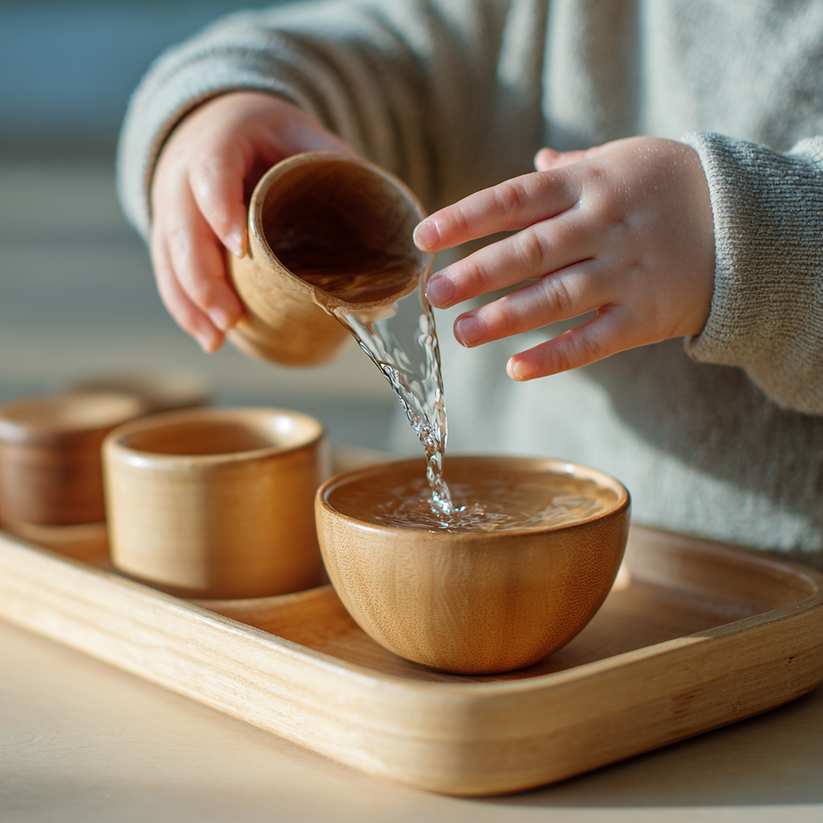 Nahaufnahme von Kinderhänden, die Wasser von einem Holzgefäß in eine Schale auf einem Montessori-Tablett umfüllen.