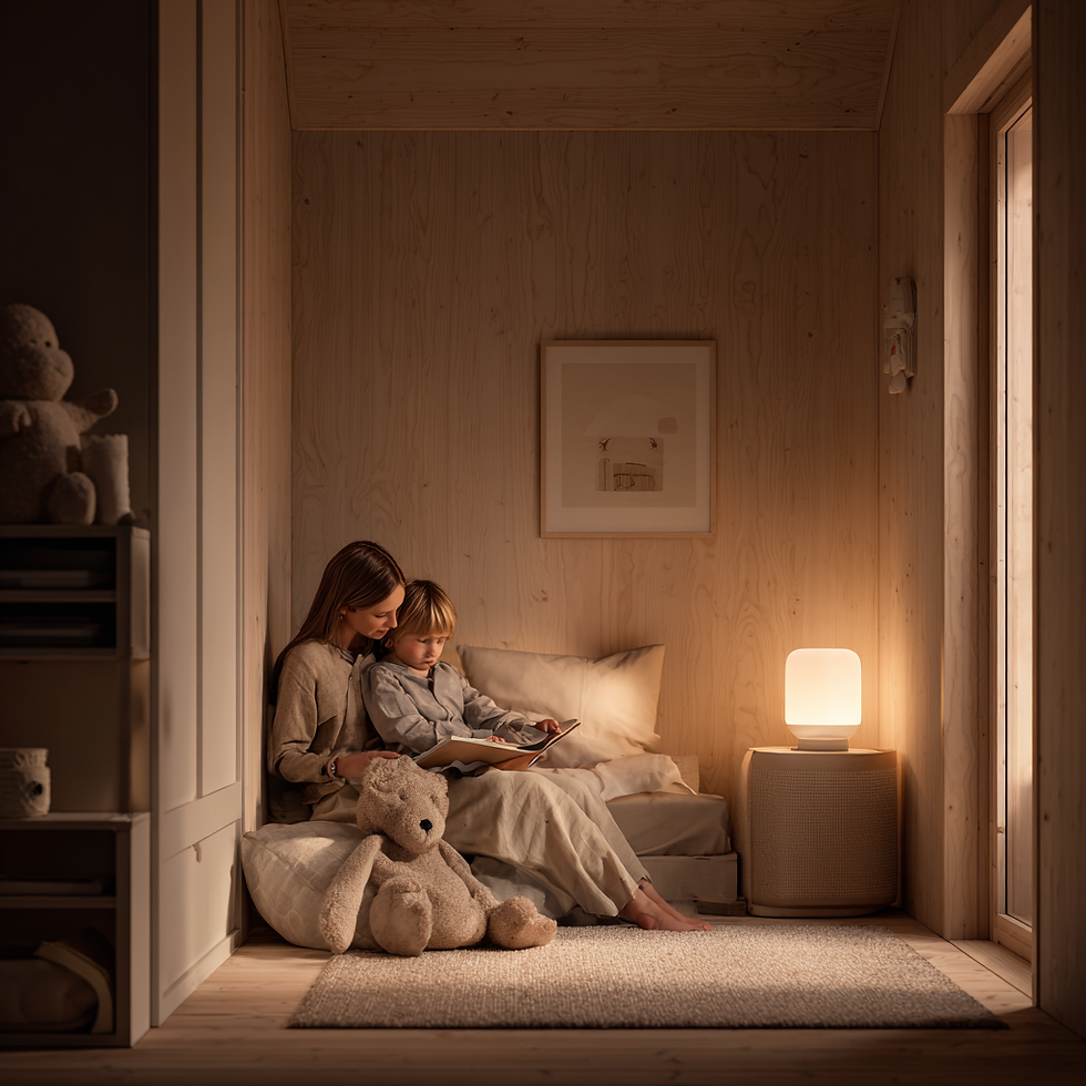 Eine Mutter liest ihrem Kind im sanften Abendlicht eine Gute-Nacht-Geschichte vor. Das warme Licht und die gemütliche Atmosphäre schaffen Geborgenheit und Ruhe vor dem Schlafengehen.