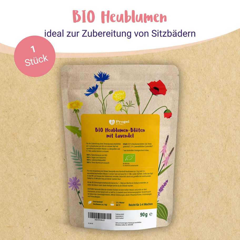 PregniVital BIO Heublumen – Kräutermischung mit Lavendel, Hebammen-Tipp zur Geburtsvorbereitung ab 39. SSW, 100% BIO, 90g Pac