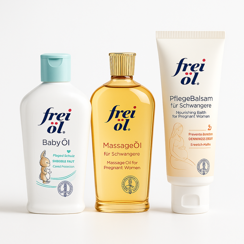 Drei frei öl Produkte – BabyÖl, MassageÖl für Schwangere und PflegeBalsam für Schwangere – nebeneinander auf weißem Hintergrund, mit klaren Etiketten und sanfter Studiobeleuchtung, professionelle Produktfotografie.