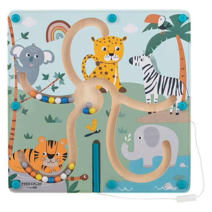 Free2Play Magnetlabyrinth aus Holz mit Tiger, Zebra, Elefant und Koala-Motiven