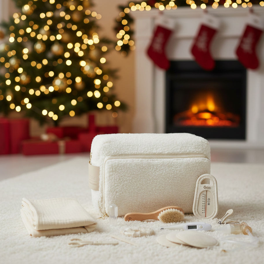 Babypflege-Set Curl White im XL- vor Kamin mit Weihnachtsdekoration – ideal als Geschenk