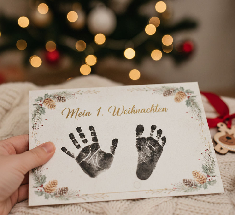 Abdruck von Baby Hand und Babyfuß auf Weihnachtskarte mit der Aufschrift „Mein 1. Weihnachten