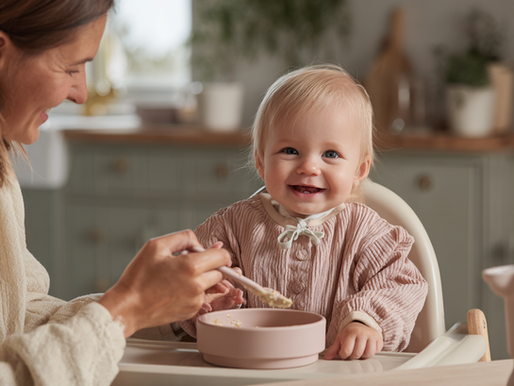 Ein Baby sitzt fröhlich im Hochstuhl und isst mit seiner Mutter. Auf dem Tisch stehen kindgerechtes Geschirr aus lebensmittelechtem Silikon in warmen Pastellfarben – Symbol für Sicherheit, Nähe und Freude beim Essen.