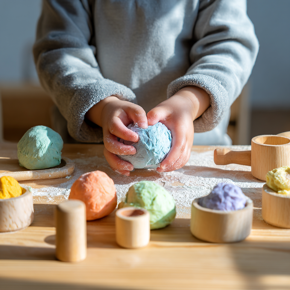 Kind knetet eine große Kugel aus pastellfarbener Knete auf einem Holztisch; verschiedene bunte Knetbälle und Montessori-Werkzeuge liegen rundherum.